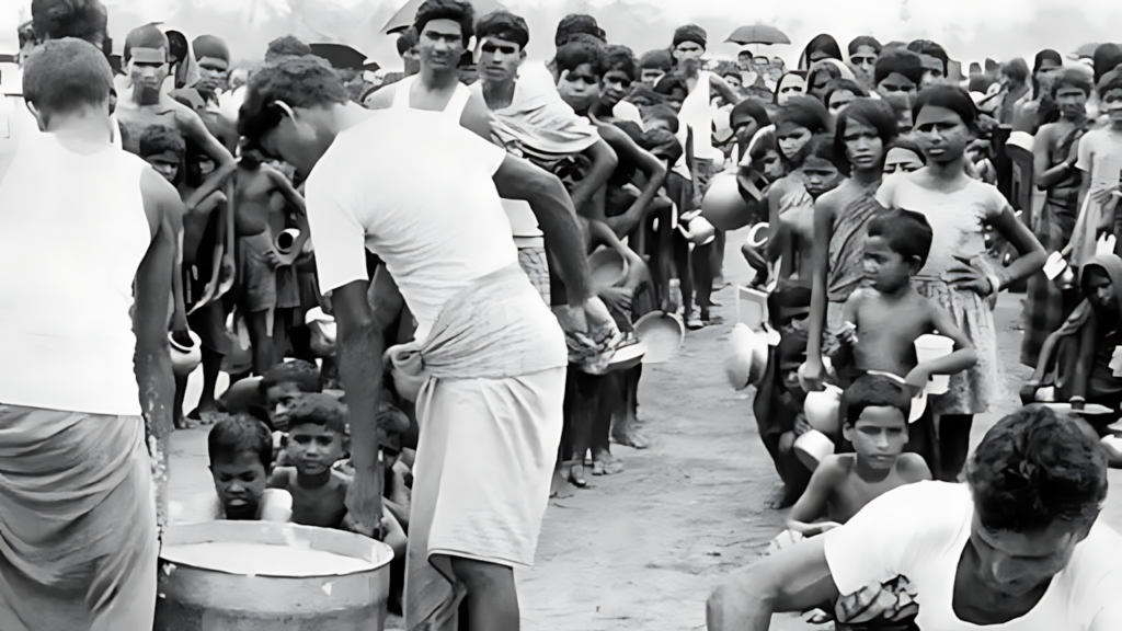 Khichuri being distributed to refugees, India, 1971