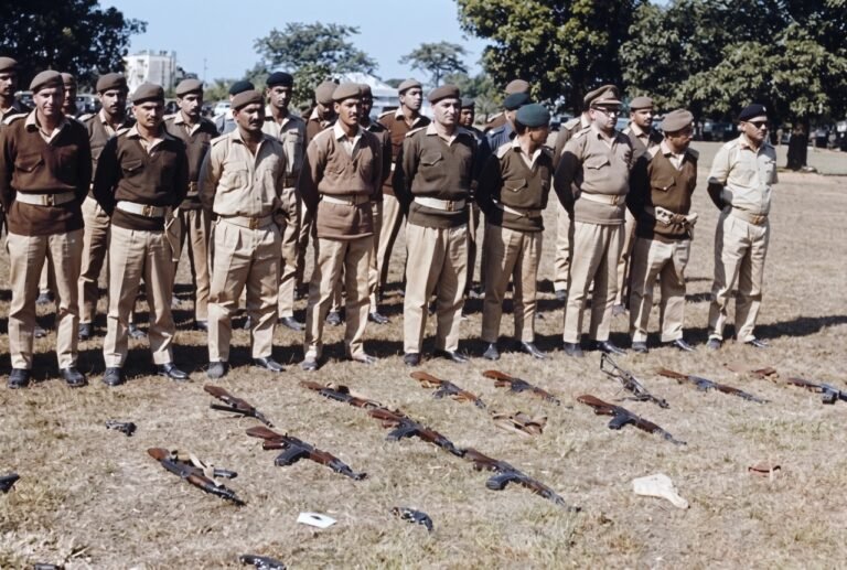 A group of Pakistan Army officers standing after laying down their arms at a disarmament ceremony in Dhaka in 1971