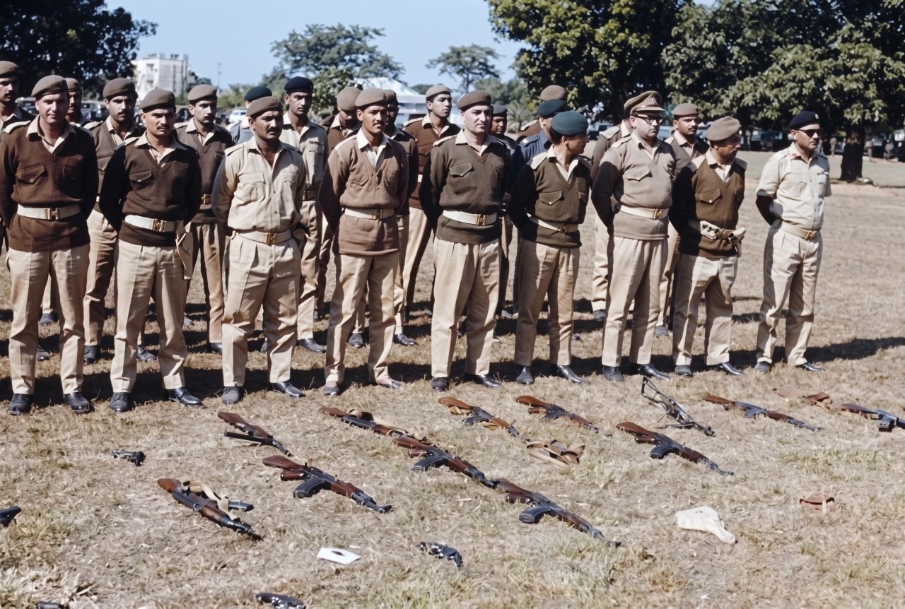 A group of Pakistan Army officers standing after laying down their arms at a disarmament ceremony in Dhaka in 1971