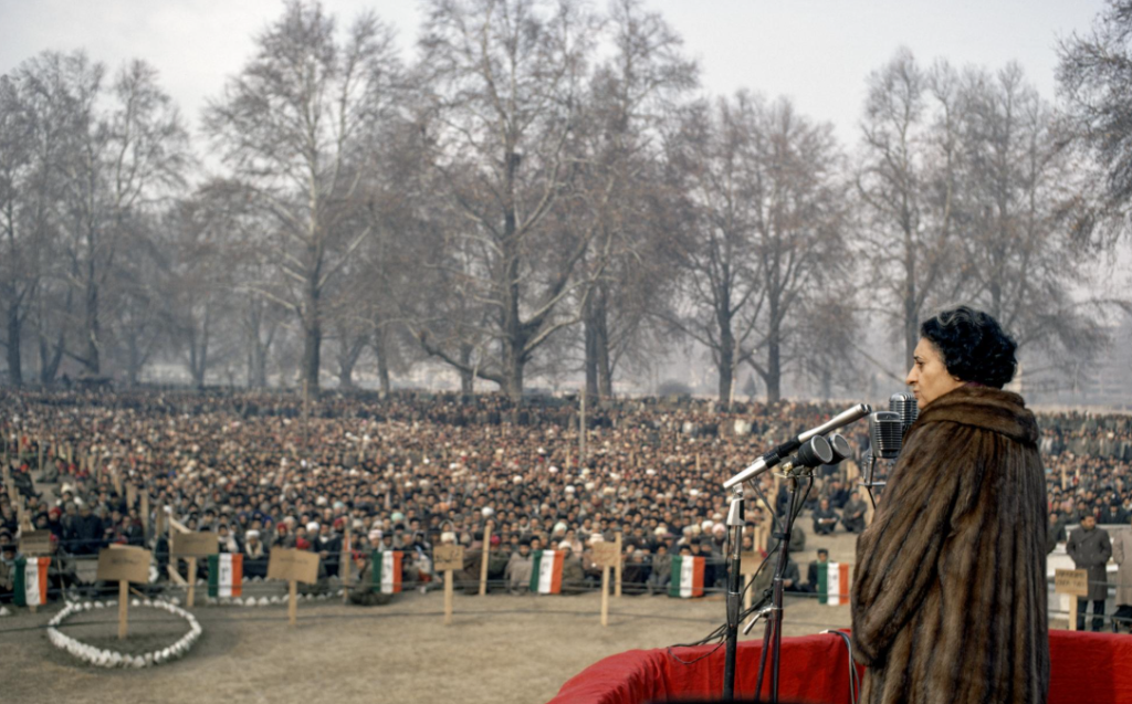 Indira Gandhi, speaking at mass rally, Srinagar, Kashmir, 1971